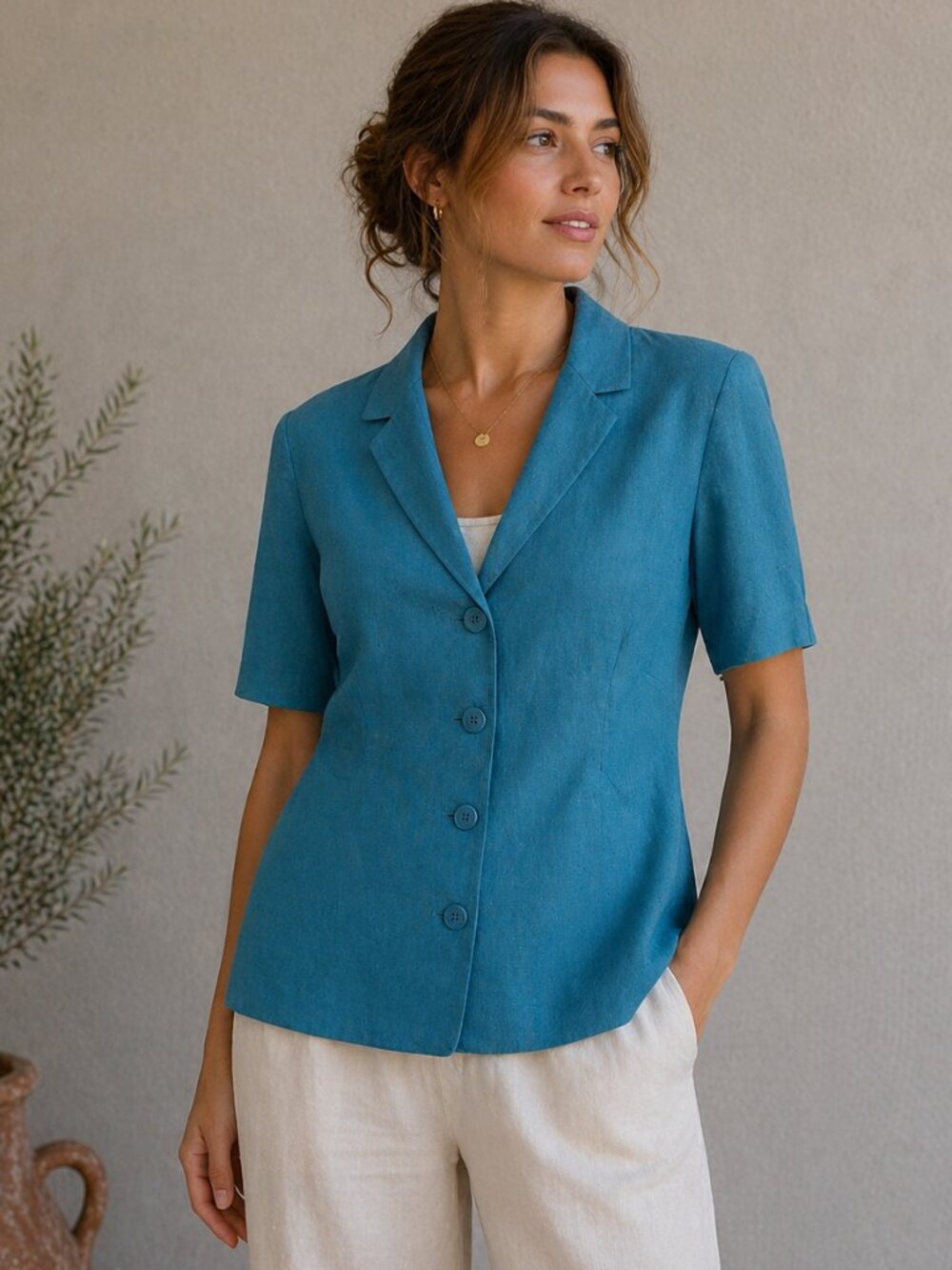 Style & Co Linen Blend Blazer Women Size 12 Blue Summer Short Sleeve Lightweight